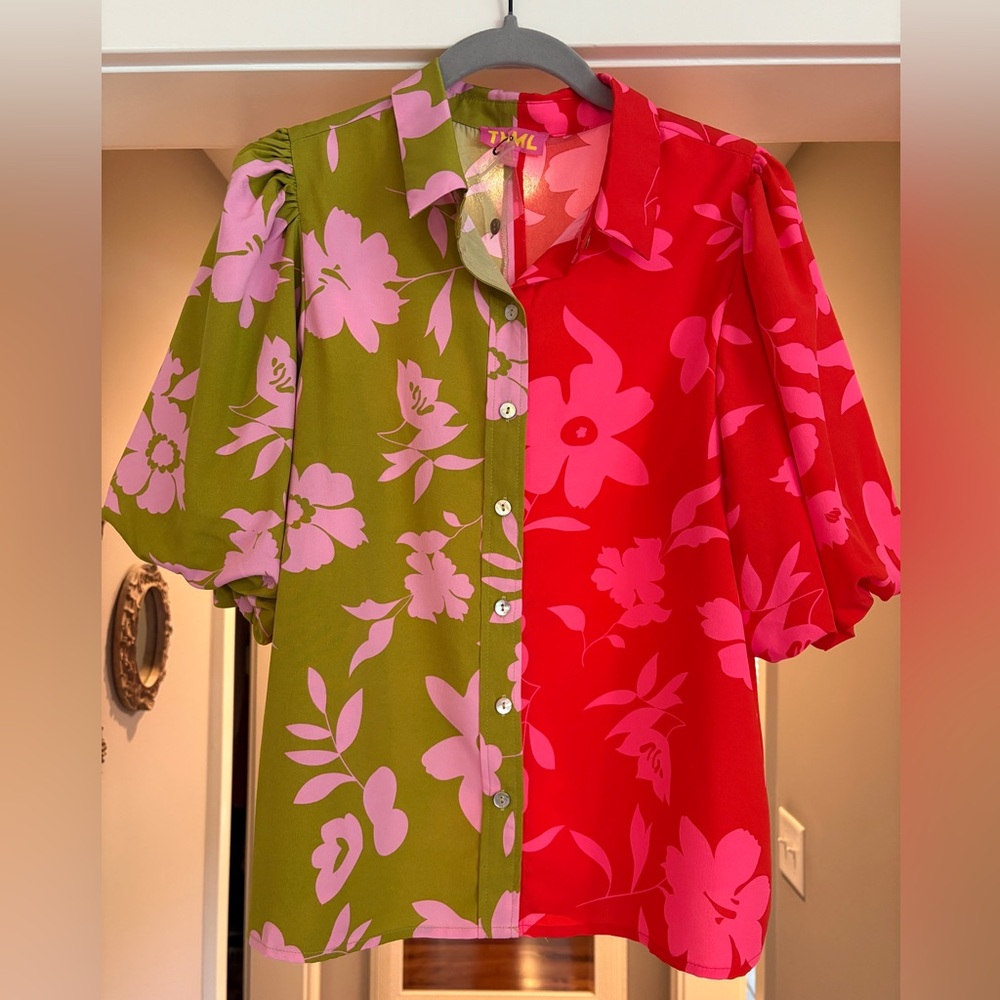THML Pink, Red, and Green Floral Blouse with Puffed Sleeves